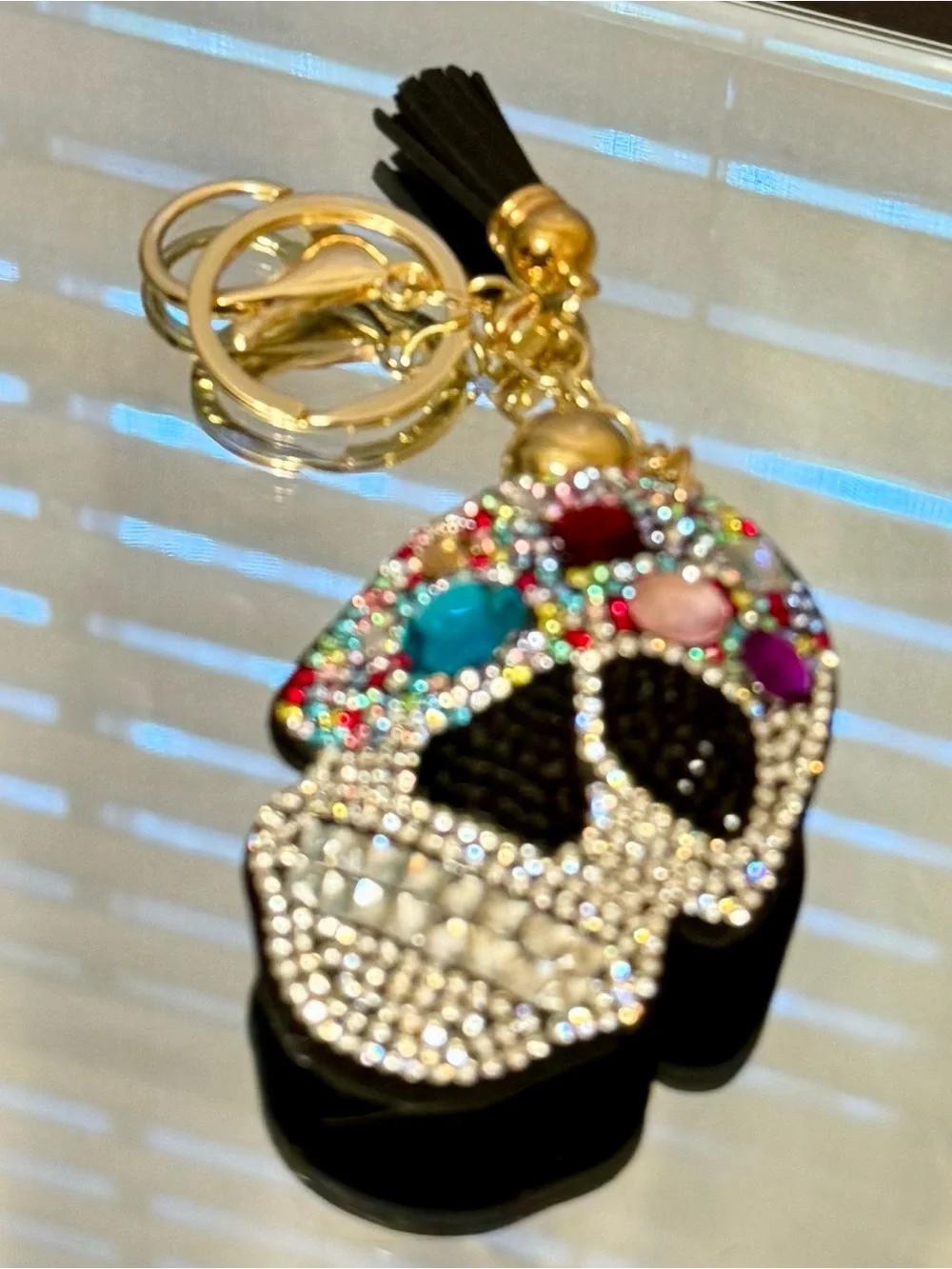 New Multi Color Beaded Crystal Skull Gem Keychain with Gold Hardware